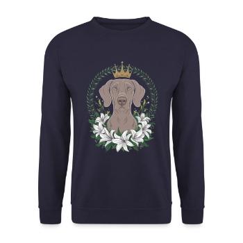 Weimaraner Hund mit Krone und schönen Lillien - Unisex Pullover - Navy - Vorne - Alina (178cm) & Michal (187cm)