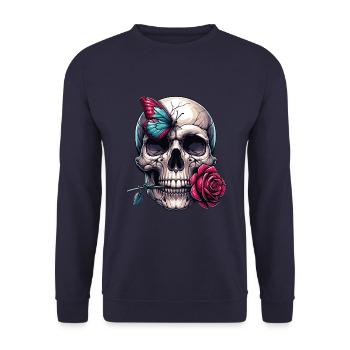 Skull with red rose and butterfly - Unisex Sweatshirt - navy - Front - Alina (178cm) & Michal (187cm)