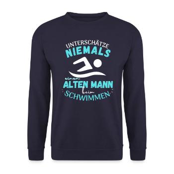 UNTERSCHÄTZE NIEMALS EINEN ALTEN MANN BEIM SCHWIMM - Unisex Pullover - Navy - Vorne - Alina (178cm) & Michal (187cm)