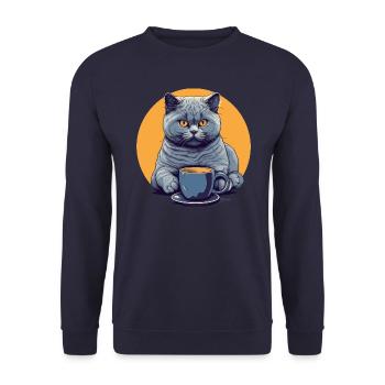 Britisch Kurzhaar Katze und Kaffee - Unisex Pullover - Navy - Vorne - Alina (178cm) & Michal (187cm)