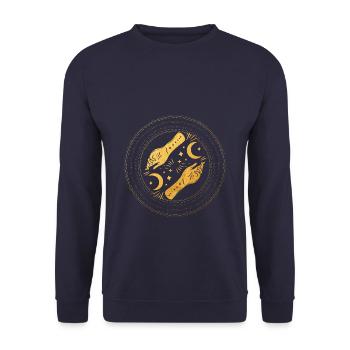 Magisch, spiritueller Halbmond mit goldenen Händen - Unisex Pullover - Navy - Vorne - Alina (178cm) & Michal (187cm)