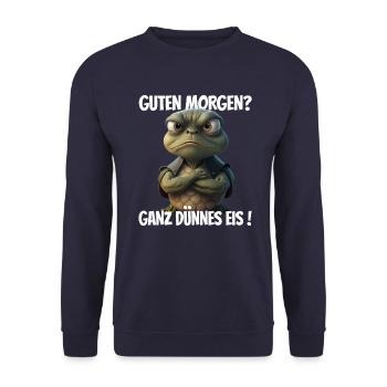 Guten Morgen? Ganz dünnes Eis! Lustige Schildkröte - Unisex Pullover - Navy - Vorne - Alina (178cm) & Michal (187cm)