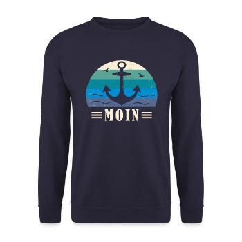 Moin Norddeutscher Gruß Geschenk für Nordlichter - Unisex Pullover - Navy - Vorne - Alina (178cm) & Michal (187cm)