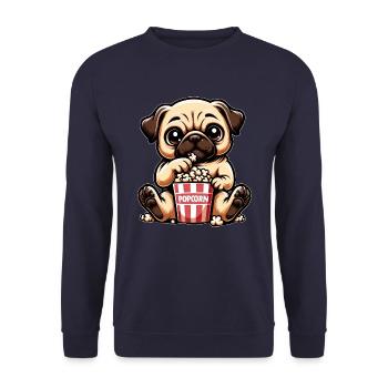 Mops Karneval im Kino, Popcorn Spaß - Unisex Pullover - Navy - Vorne - Alina (178cm) & Michal (187cm)