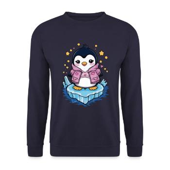 Cartoon Kawaii Pinguin mit Herzen und Sternen - Unisex Pullover - Navy - Vorne - Alina (178cm) & Michal (187cm)