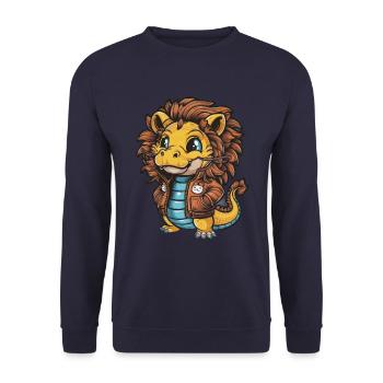 Süßer Cartoon Kawaii Drache im Löwen Outfit. - Unisex Pullover - Navy - Vorne - Alina (178cm) & Michal (187cm)
