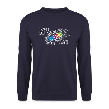 Pow Lass die Musik an - bunt auf dunkel - Unisex Pullover - Navy - Vorne - Alina (178cm) & Michal (187cm)