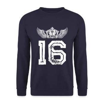 16 Zahl Krone - Unisex Pullover - Navy - Vorne - Alina (178cm) & Michal (187cm)