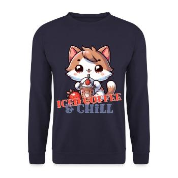Eiskaffee Katzen Kawaii kitten Iced coffee chill - Unisex Pullover - Navy - Vorne - Alina (178cm) & Michal (187cm)