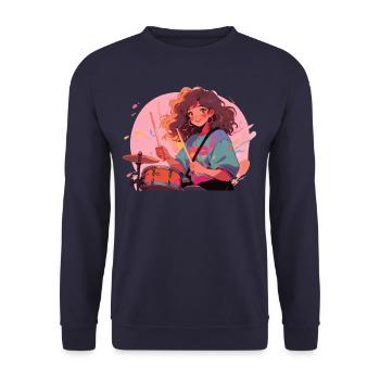 "Jiuchi on Drums" - Manga-Motiv Schlagzeug - Unisex Pullover - Navy - Vorne - Alina (178cm) & Michal (187cm)