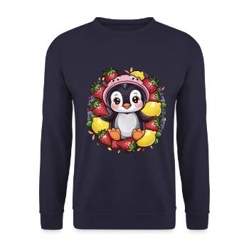 Cartoon Kawaii Pinguin mit Erdbeeren und Zitronen - Unisex Pullover - Navy - Vorne - Alina (178cm) & Michal (187cm)