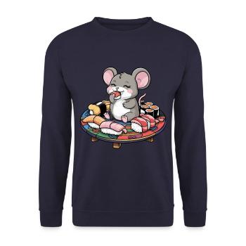 Kawaii Mouse Loves Japanese Sushi - Unisex Sweatshirt - navy - Front - Alina (178cm) & Michal (187cm)