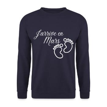 J' arrive en Mars annonce naissance futur bébé - Sweat-shirt Unisexe - marine - Devant - Alina (178cm) & Michal (187cm)