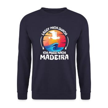 Lasst mich durch nach Madeira Möwe Sonne Strand - Unisex Pullover - Navy - Vorne - Alina (178cm) & Michal (187cm)
