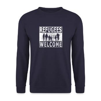 Refugees Welcome With Refugees Statement Geschenk - Unisex Pullover - Navy - Vorne - Alina (178cm) & Michal (187cm)