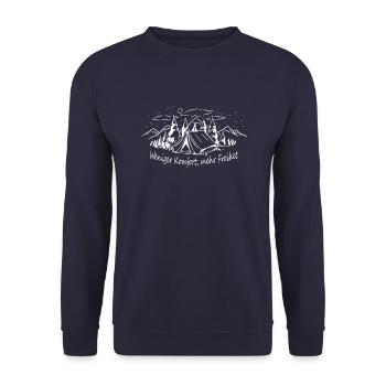 Weniger Komfort mehr Freiheit Zelten Geschenk - Unisex Pullover - Navy - Vorne - Alina (178cm) & Michal (187cm)