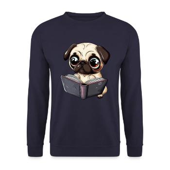 Lesender Mops: Das perfekte Design für - Unisex Pullover - Navy - Vorne - Alina (178cm) & Michal (187cm)