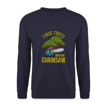 I Hug Trees With My Chainsaw Funny Lumberjack - Unisex Pullover - Navy - Vorne - Alina (178cm) & Michal (187cm)