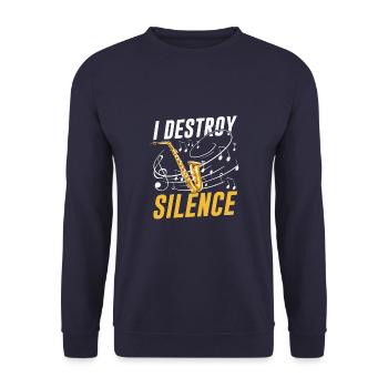 I Destroy Silence Funny Saxophone Saxophonist - Unisex Pullover - Navy - Vorne - Alina (178cm) & Michal (187cm)
