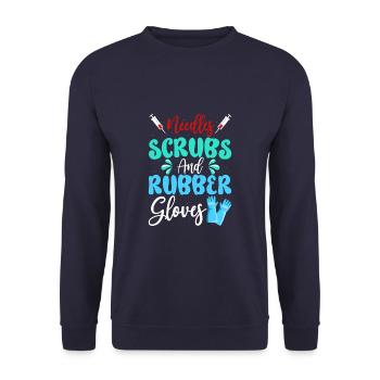 Needles Scrubs Rubber Gloves Phlebotomist Nurse - Unisex Pullover - Navy - Vorne - Alina (178cm) & Michal (187cm)
