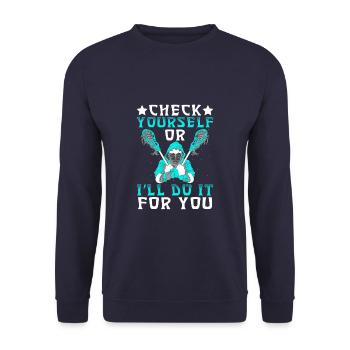 Vérifiez vous-même Drôle de joueur de crosse - Sweat-shirt Unisexe - marine - Devant - Alina (178cm) & Michal (187cm)