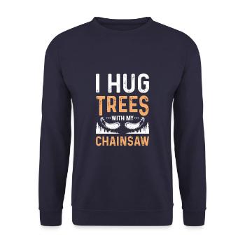 J’embrasse les arbres avec ma tronçonneuse Funny Logger - Sweat-shirt Unisexe - marine - Devant - Alina (178cm) & Michal (187cm)