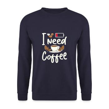 I Need Coffee Funny Coffee Lover Battery - Unisex Pullover - Navy - Vorne - Alina (178cm) & Michal (187cm)