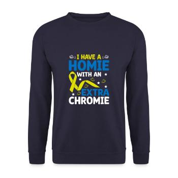 With An Extra Chomie Down Syndrome Awareness - Unisex Sweatshirt - navy - Front - Alina (178cm) & Michal (187cm)