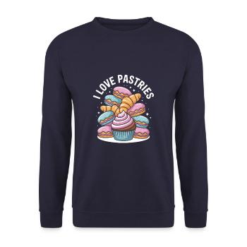 Ich liebe Gebäck, köstliche Cupcakes und Croissants - Unisex Pullover - Navy - Vorne - Alina (178cm) & Michal (187cm)
