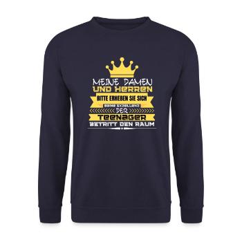 Erheben Sie Sich - der TEENAGER - kommt! Geschenk - Unisex Pullover - Navy - Vorne - Alina (178cm) & Michal (187cm)