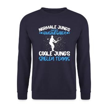COOLE JUNGS SPIELEN TENNIS! COOLES TENNIS SPRUCH - Unisex Pullover - Navy - Vorne - Alina (178cm) & Michal (187cm)