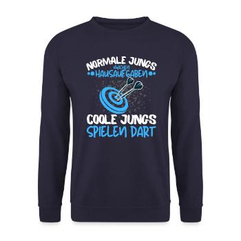COOLE JUNGS SPIELEN DART - DARTSPIELER SPRUCH - Unisex Pullover - Navy - Vorne - Alina (178cm) & Michal (187cm)