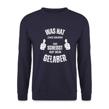 Frecher Spruch: Zwei Daumen Humor - Unisex Pullover - Navy - Vorne - Alina (178cm) & Michal (187cm)