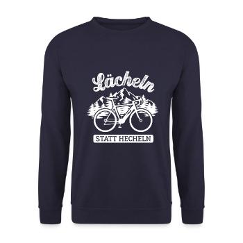 E-Bike - Lächeln statt hecheln - Geschenk - Unisex Pullover - Navy - Vorne - Alina (178cm) & Michal (187cm)