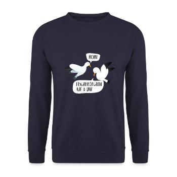 Moin Fischbrötchen auf 6 Uhr Möwe Plattdeutsch - Unisex Pullover - Navy - Vorne - Alina (178cm) & Michal (187cm)