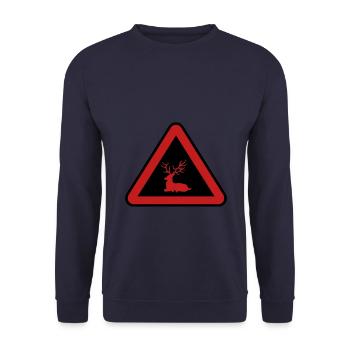 Hirschgefahr, Aufmerksamkeit des Jägers - Unisex Pullover - Navy - Vorne - Alina (178cm) & Michal (187cm)