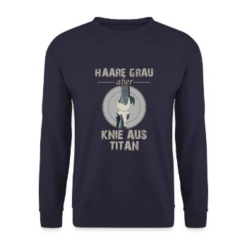 Haare grau aber Knie aus Titan - Unisex Pullover - Navy - Vorne - Alina (178cm) & Michal (187cm)