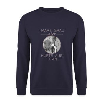 Haare grau aber Hüfte aus Titan - Unisex Pullover - Navy - Vorne - Alina (178cm) & Michal (187cm)