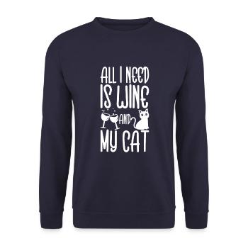 Alles, Was Ich Brauche, Ist Wein Und Meine Katze - Unisex Pullover - Navy - Vorne - Alina (178cm) & Michal (187cm)