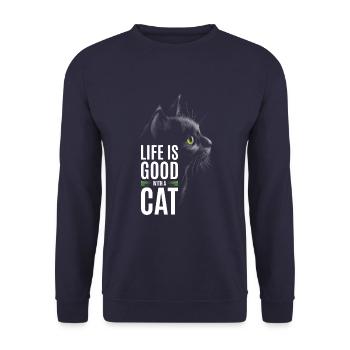 Das Leben Ist Gut Mit Einer Katze - Unisex Pullover - Navy - Vorne - Alina (178cm) & Michal (187cm)