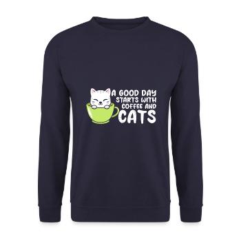 A good day starts with coffee and cats - Unisex Sweatshirt - navy - Front - Alina (178cm) & Michal (187cm)