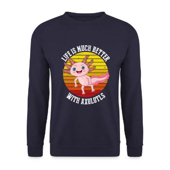 Das Leben Ist Mit Axolotls Im Retro Viel Besser - Unisex Pullover - Navy - Vorne - Alina (178cm) & Michal (187cm)