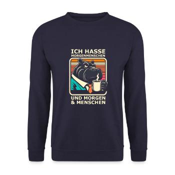 Ich hasse Morgenmenschen Nilpferd - Unisex Pullover - Navy - Vorne - Alina (178cm) & Michal (187cm)