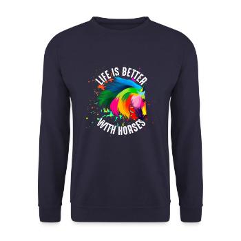 Das Leben ist besser mit Pferden - Unisex Pullover - Navy - Vorne - Alina (178cm) & Michal (187cm)
