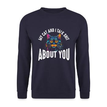 Meine Katze und ich reden Schmuh über dich - Unisex Pullover - Navy - Vorne - Alina (178cm) & Michal (187cm)