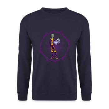 Reptilien-Alien mit Energieball - Unisex Pullover - Navy - Vorne - Alina (178cm) & Michal (187cm)