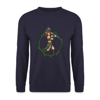 Weibliche Elfenkriegerin mit einer eisernen Axt - Unisex Pullover - Navy - Vorne - Alina (178cm) & Michal (187cm)