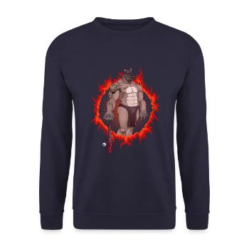 Hunde-Mutant mit feurigem Hintergrund - Unisex Pullover - Navy - Vorne - Alina (178cm) & Michal (187cm)