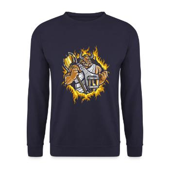Minotaurus mit Halbtonfeuer-Hintergrund - Unisex Pullover - Navy - Vorne - Alina (178cm) & Michal (187cm)
