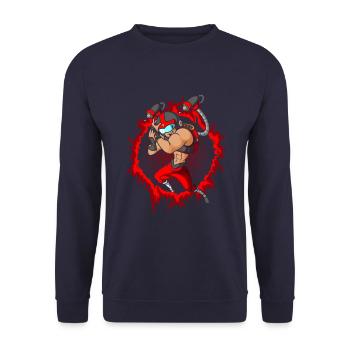 The Cyborg with a Halftone Fire Background - Unisex Sweatshirt - navy - Front - Alina (178cm) & Michal (187cm)